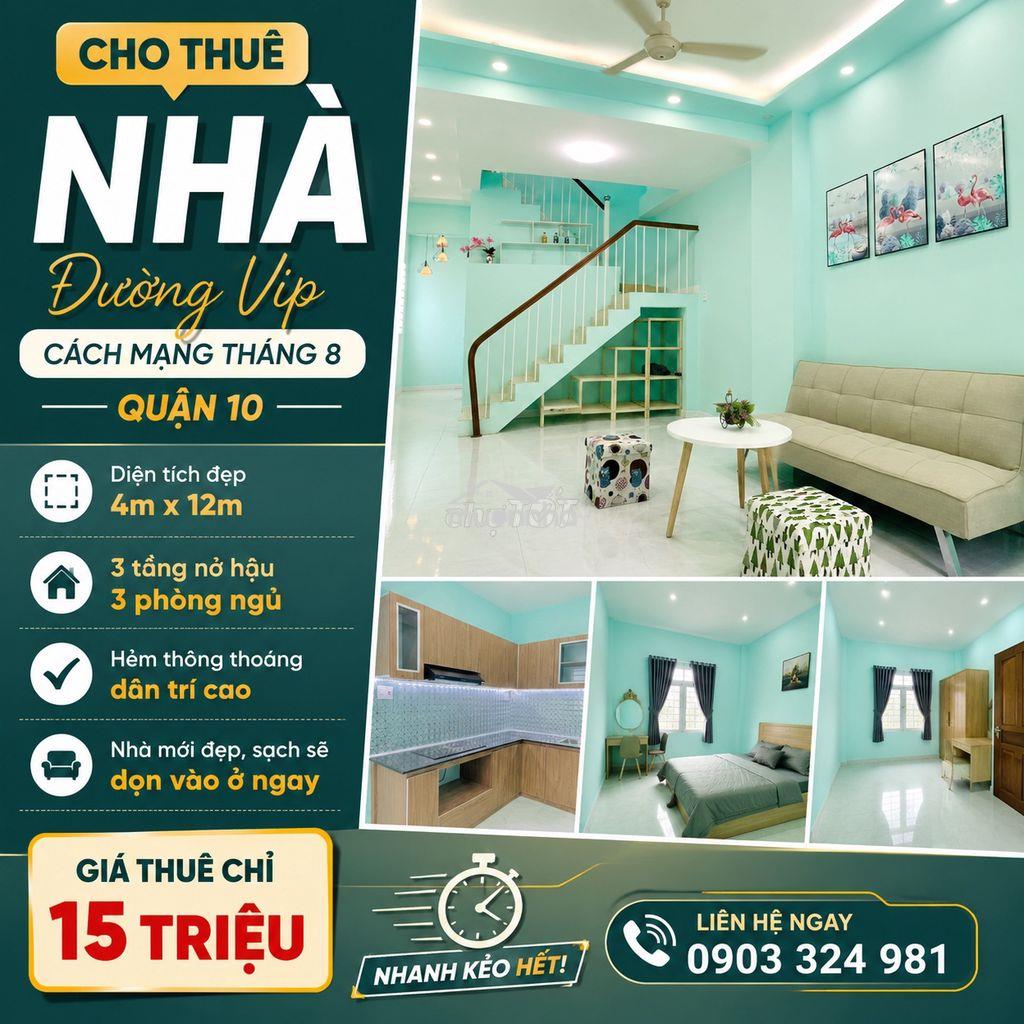 Chỉ 15 tr/th - nhà cho thuê nguyên căn cmt8 - nhà sạch vô ở liền 3pn - 2