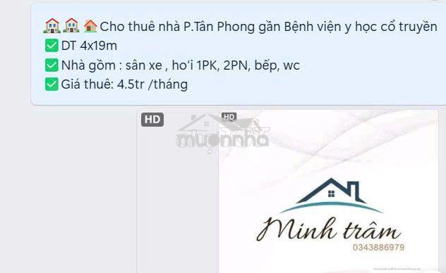 CHO THUÊ NHÀ PHƯỜNG TÂN PHONG GIÁ 4,5 TRIỆU