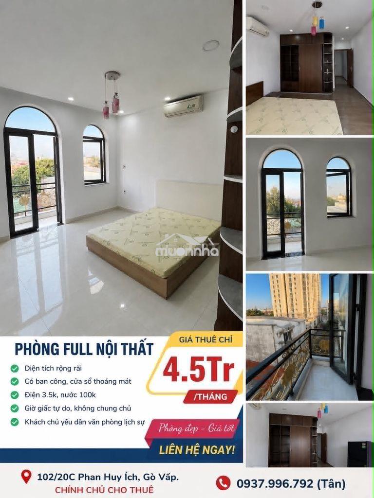 Phòng trọ 4tr5 bancong full nội thất tại phan huy ích - gò vấp